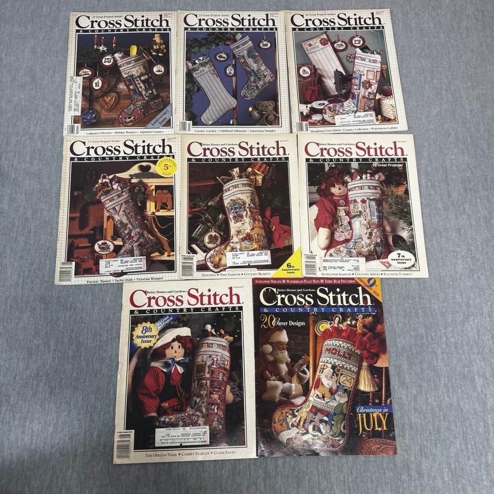 Cross Stitch and Country Crafts Magazine LOT 8 1987-93 Christmas Stocking VTG